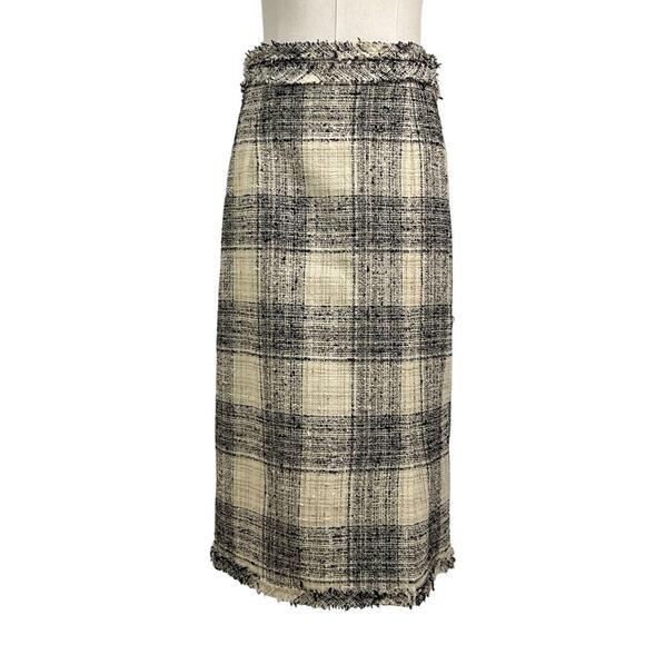 The Fold Dresses & Skirts - The Fold London Tweed Pencil Skirt Fringe Plaid Ivory Black
